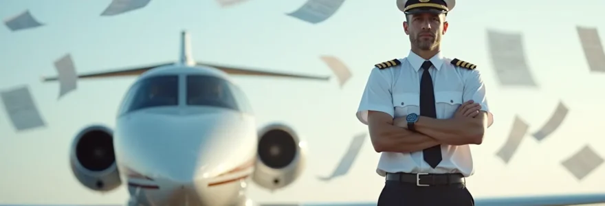 A symbolic environmental concept shot capturing a confident pilot standing next to a modern aircraft with insurance documents subtly integrated around, symbolizing career security and financial protection in aviation
