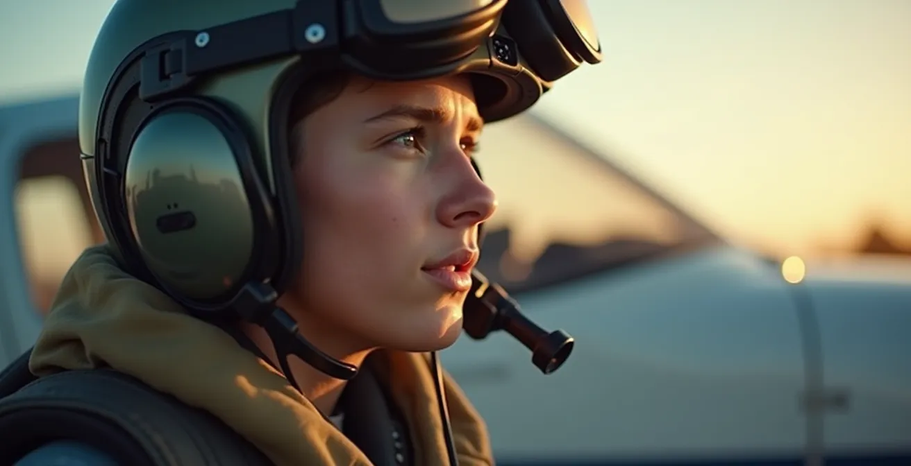 Emotional human angle showing a young pilot preparing for flight, with a subtle protective aura symbolizing early insurance coverage