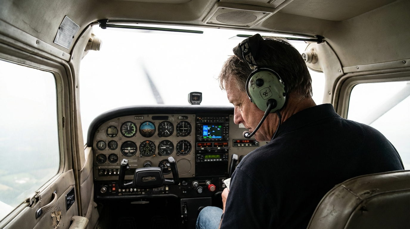 Pilot seated in single-engine aircraft cockpit reviewing instrument panel for aviation insurance article