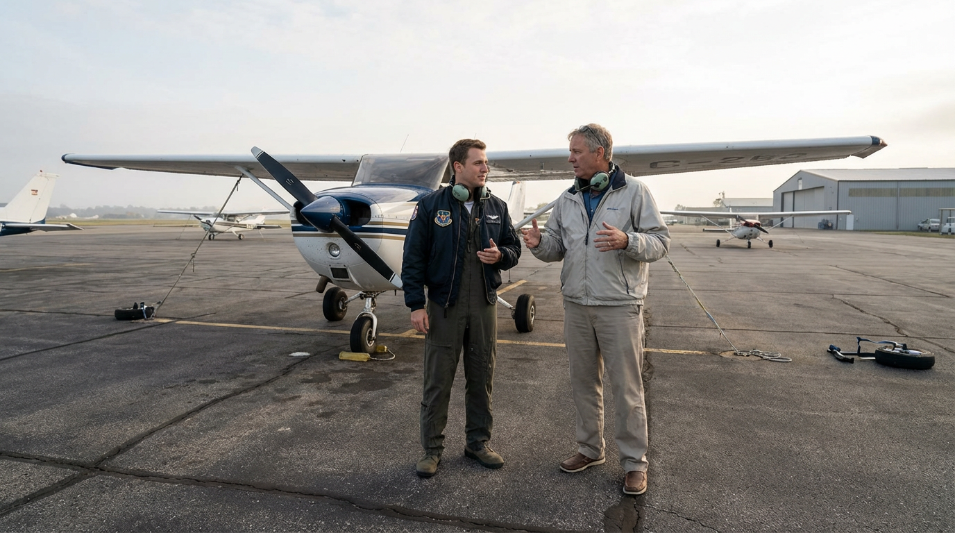 Pilot and flight instructor discussing beside aircraft wing on airport tarmac