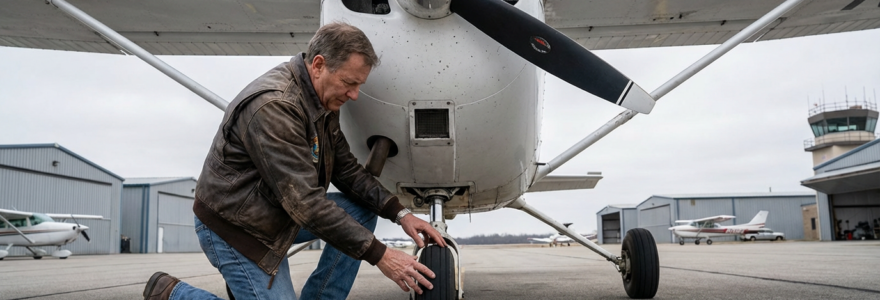 Pilot performing pre-flight walkaround inspection of Cessna aircraft on airport ramp