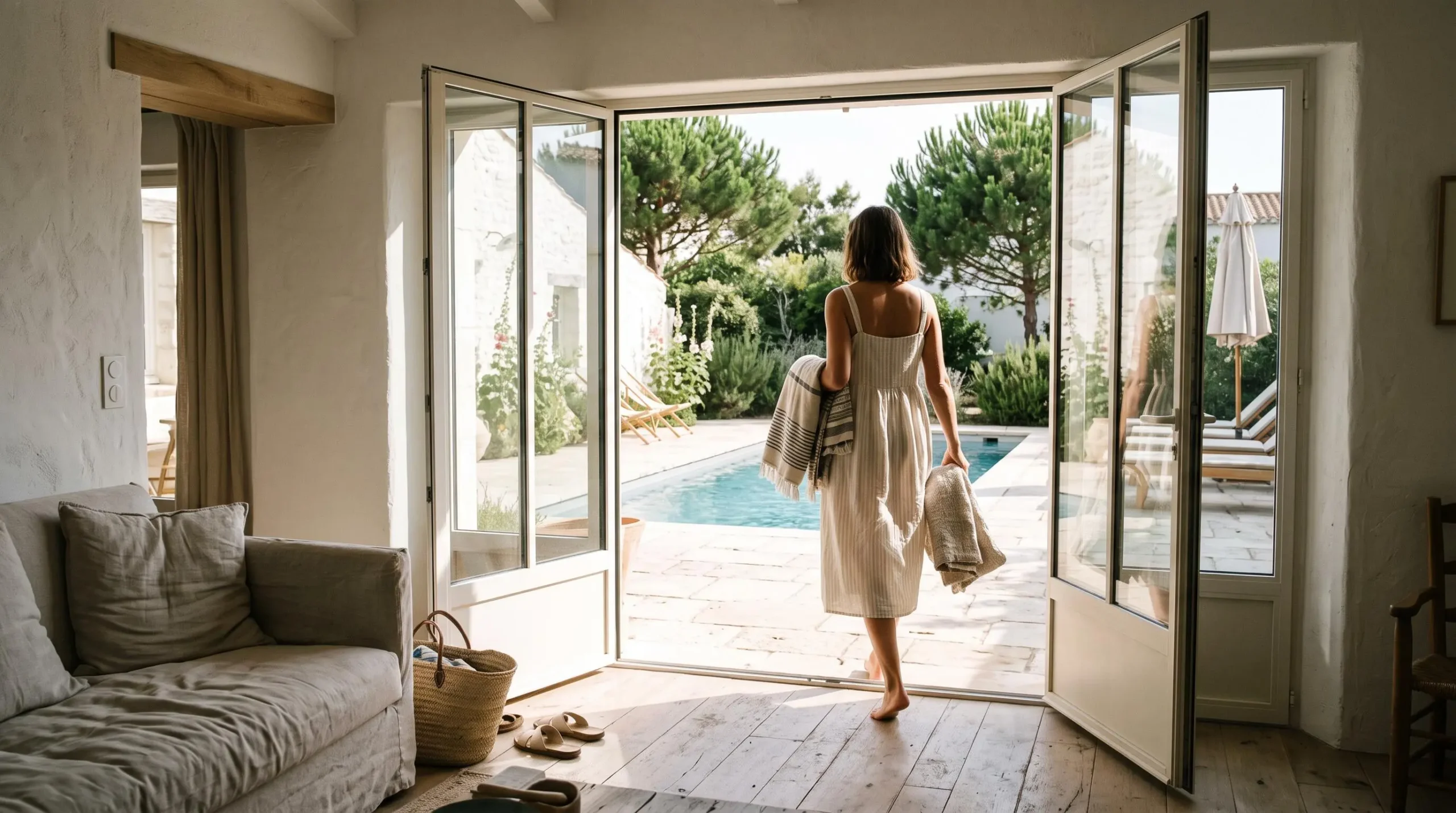 A woman carries towels from the villa living room out to the private pool.